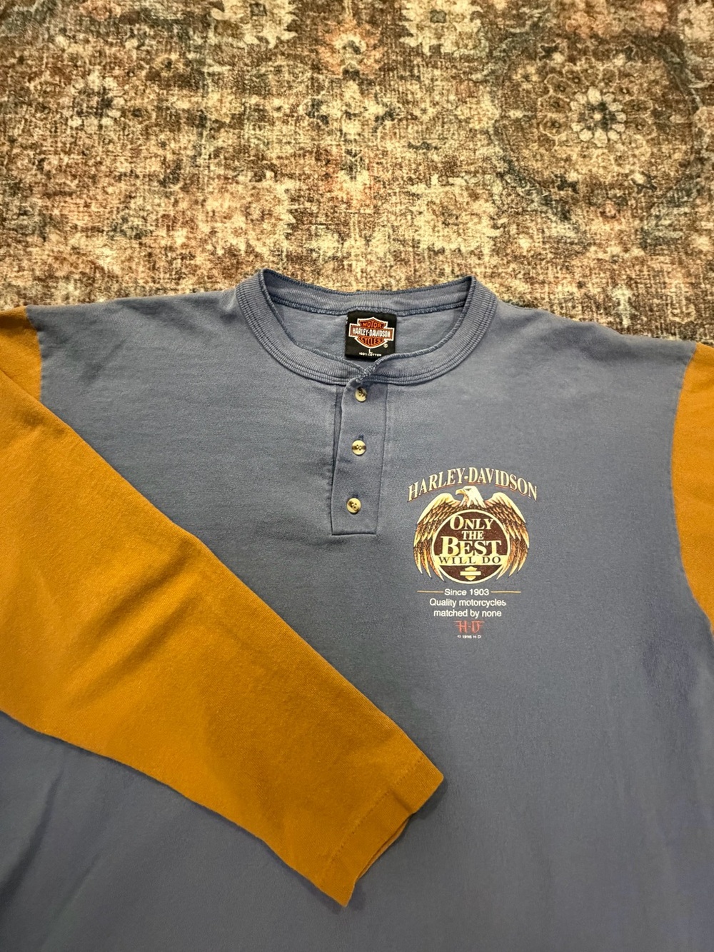Vintage 90s Harley-Davidson Men's Blue and Mustard Henley Long Sleeve Shirt L
